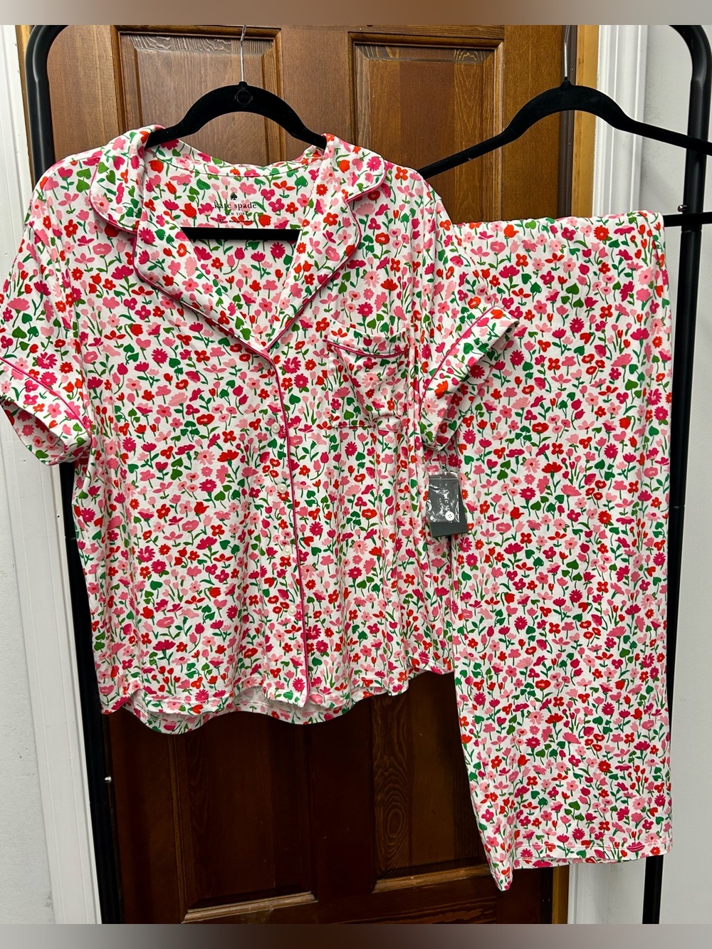 Kate Spade Pink Floral Two-Piece Pajama Set with Red & Green Accents